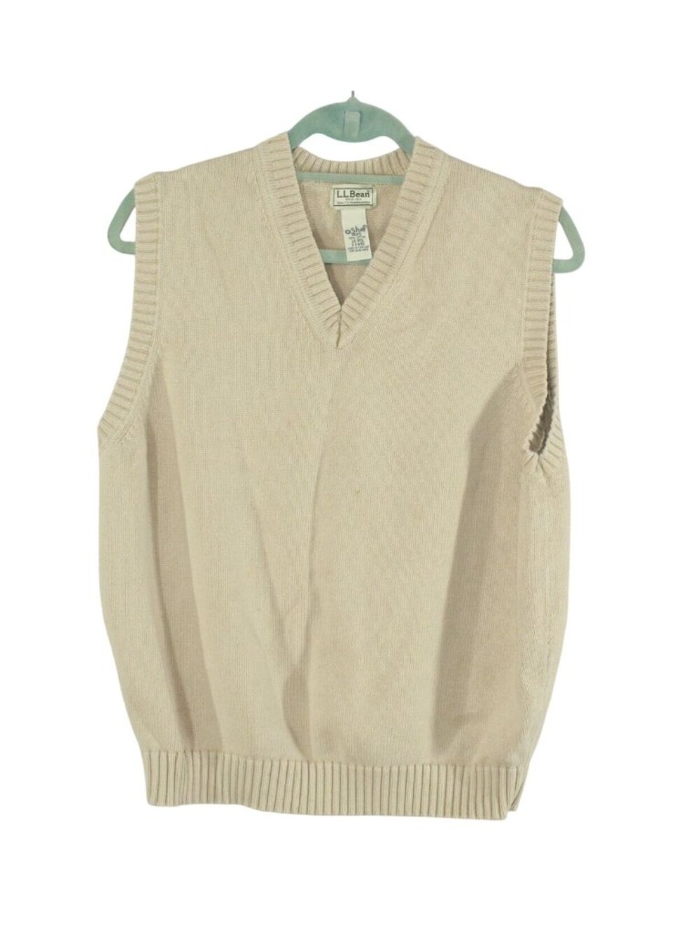 LL Bean Large Beige Sweater Vest 100% Cotton V Neck Classic Preppy Minimalist